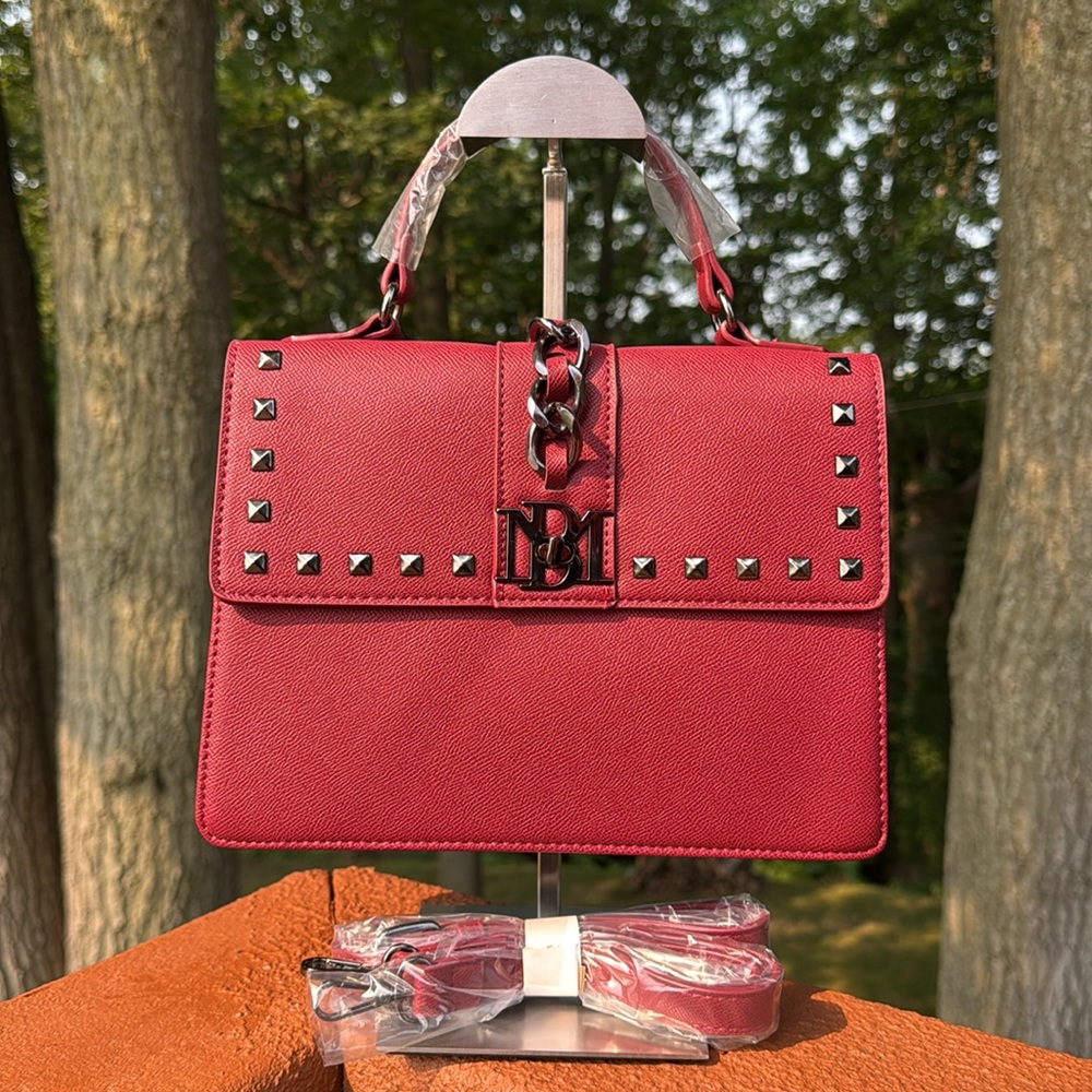 Badgley Mischka Wine Gun Metal Studded Satchel Handbag w/ Crossbody NWT - Picture 3 of 12